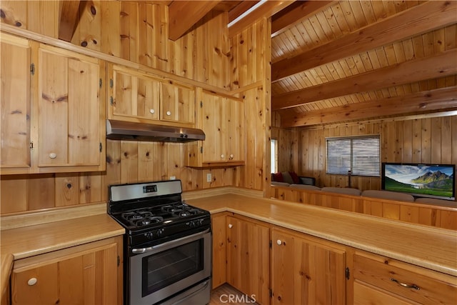 33469 Squirrel Dr, Green Valley Lake, CA 92341 - kitchen featuring under cabinet range hood, stainless steel gas range oven, light countertops, wood walls, and open floor plan