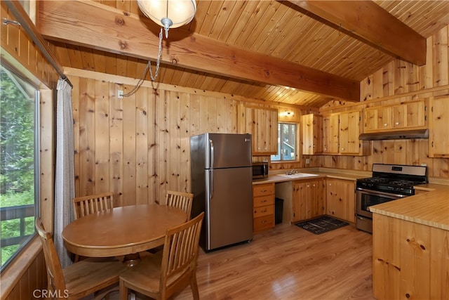 33469 Squirrel Dr, Green Valley Lake, CA 92341 - kitchen featuring stainless steel appliances, light countertops, wood ceiling, under cabinet range hood, and light wood-type flooring