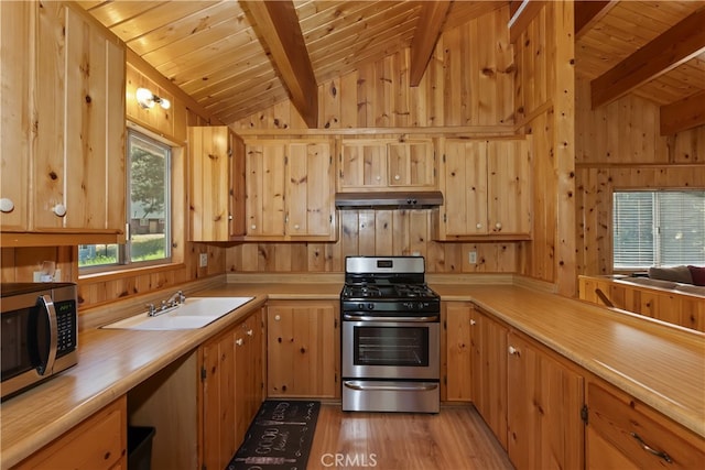 33469 Squirrel Dr, Green Valley Lake, CA 92341 - kitchen featuring stainless steel appliances, under cabinet range hood, wood ceiling, light countertops, and light wood-style floors