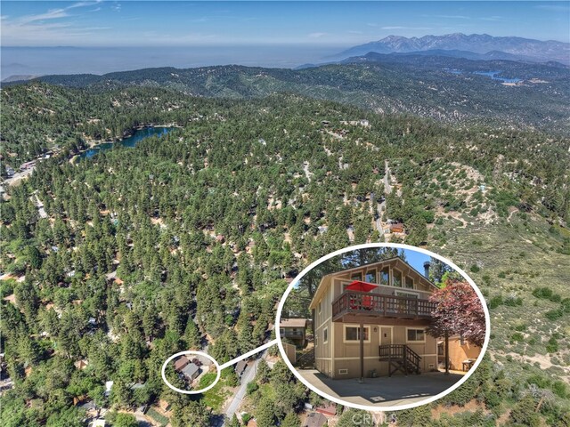 33469 Squirrel Dr, Green Valley Lake, CA 92341 - aerial view of property and surrounding area featuring a mountainous background and a heavily wooded area