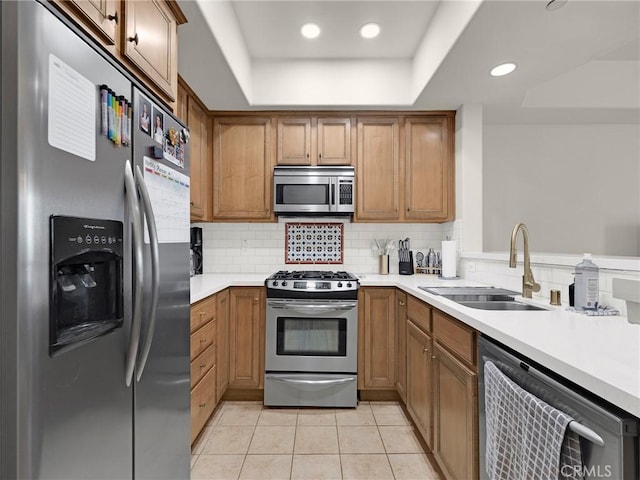 5753 White Oak Ave Unit 3, Encino, CA 91316 - kitchen with stainless steel appliances, a tray ceiling, light countertops, recessed lighting, and backsplash
