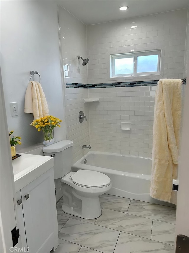 989 W 2nd St, San Pedro, CA 90731 - bathroom with  shower combination, marble finish flooring, vanity, and recessed lighting