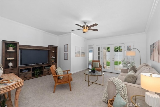 3203 Faust Ave, Long Beach, CA 90808 - carpeted living area with ornamental molding, french doors, and ceiling fan