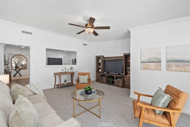 3203 Faust Ave, Long Beach, CA 90808 - carpeted living room featuring ceiling fan and crown molding