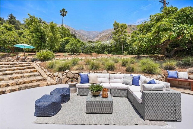 1987 Windover Rd, Pasadena, CA 91107 - view of patio featuring an outdoor hangout area and a mountain view