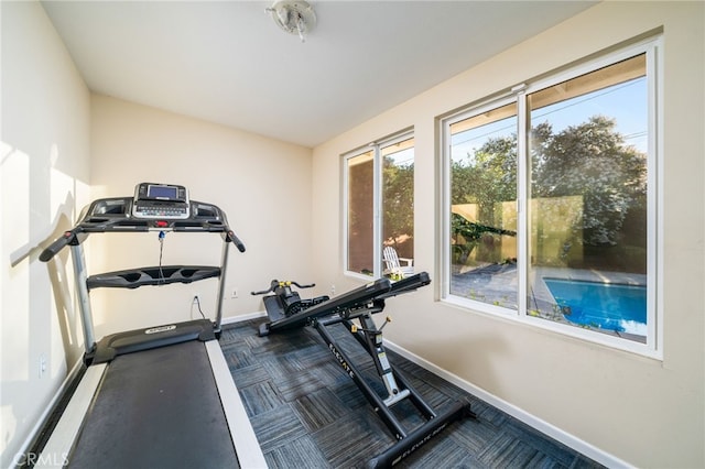 1525 Lafayette Rd, Claremont, CA 91711 - exercise area featuring baseboards and dark colored carpet