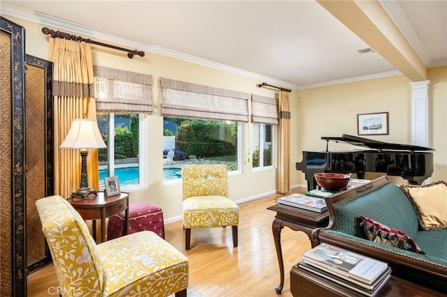 1525 Lafayette Rd, Claremont, CA 91711 - living area featuring ornamental molding, wood finished floors, and ornate columns