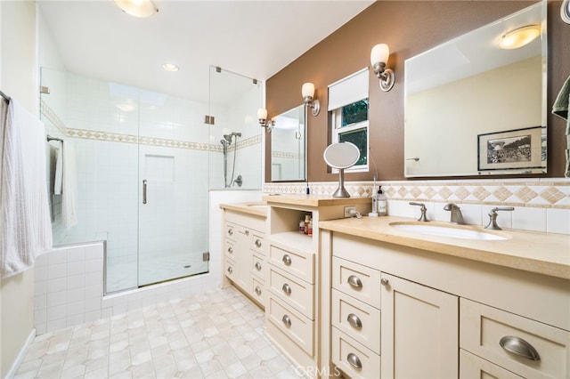 1525 Lafayette Rd, Claremont, CA 91711 - bathroom featuring double vanity, a shower stall, and tile patterned floors