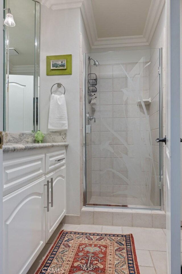 34875 Calle Del Sol, Dana Point, CA 92624 - bathroom with crown molding, vanity, and a stall shower