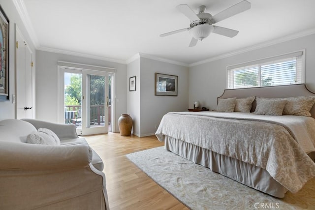 34875 Calle Del Sol, Dana Point, CA 92624 - bedroom with multiple windows, access to outside, light wood-style flooring, crown molding, and a ceiling fan