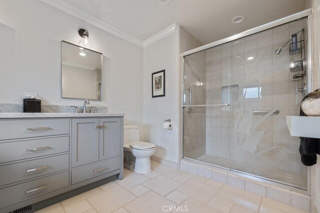 34875 Calle Del Sol, Dana Point, CA 92624 - bathroom with ornamental molding, a shower stall, vanity, and tile patterned floors