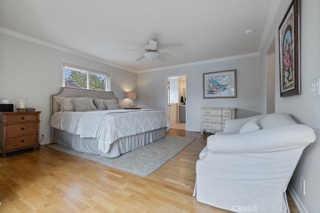 34875 Calle Del Sol, Dana Point, CA 92624 - bedroom featuring crown molding, wood finished floors, ceiling fan, and ensuite bath