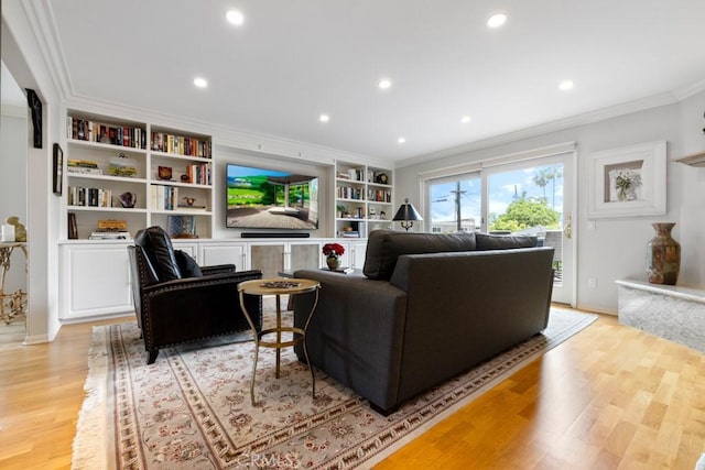 34875 Calle Del Sol, Dana Point, CA 92624 - living room featuring crown molding, light wood-style floors, recessed lighting, and built in shelves