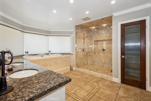 748 S Walnut Ave, San Dimas, CA 91773 - full bathroom featuring ornamental molding, a garden tub, a stall shower, double vanity, and recessed lighting