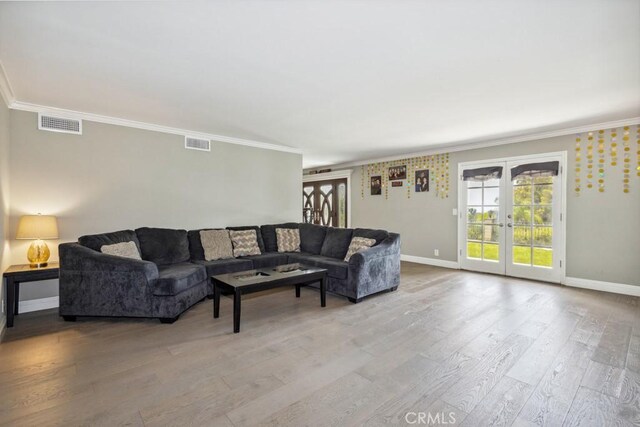 748 S Walnut Ave, San Dimas, CA 91773 - living room featuring ornamental molding, wood finished floors, and french doors