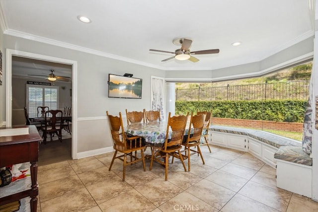 748 S Walnut Ave, San Dimas, CA 91773 - dining area featuring ceiling fan, ornamental molding, light tile patterned floors, and recessed lighting