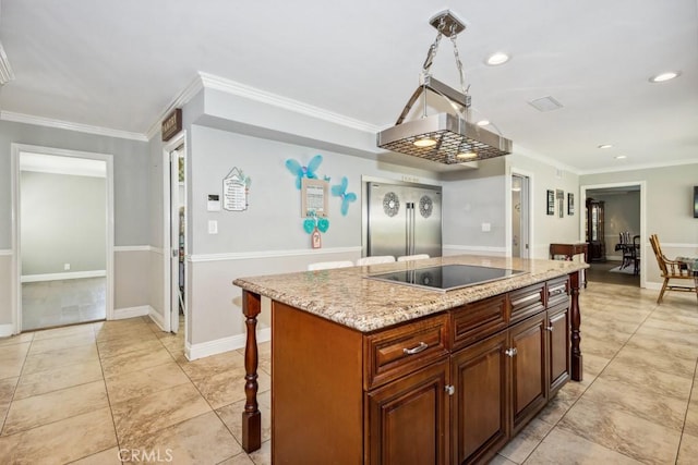 748 S Walnut Ave, San Dimas, CA 91773 - kitchen with black electric stovetop, crown molding, a kitchen bar, light stone countertops, and recessed lighting