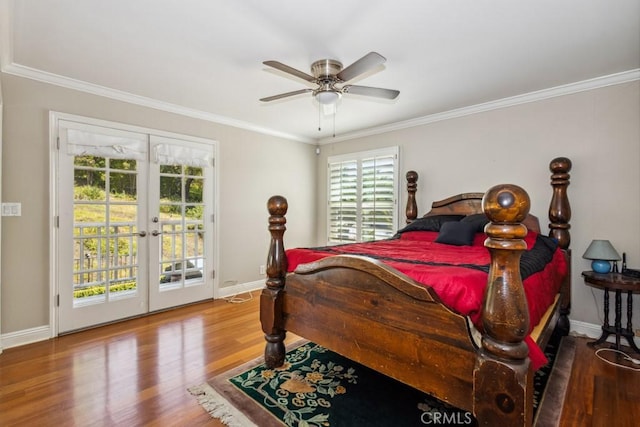 748 S Walnut Ave, San Dimas, CA 91773 - bedroom with access to outside, wood finished floors, french doors, ornamental molding, and ceiling fan