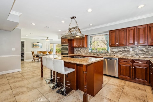 748 S Walnut Ave, San Dimas, CA 91773 - kitchen with stainless steel appliances, healthy amount of natural light, tasteful backsplash, crown molding, and recessed lighting