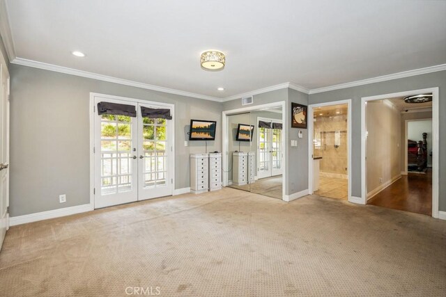 748 S Walnut Ave, San Dimas, CA 91773 - unfurnished bedroom featuring french doors, carpet floors, crown molding, access to exterior, and ensuite bath