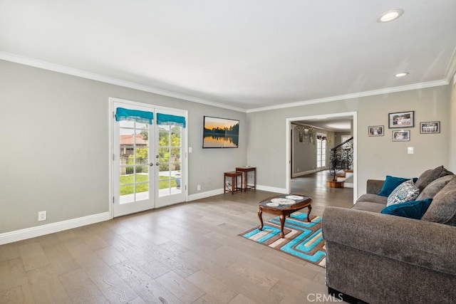 748 S Walnut Ave, San Dimas, CA 91773 - living room featuring french doors, ornamental molding, wood finished floors, recessed lighting, and stairs