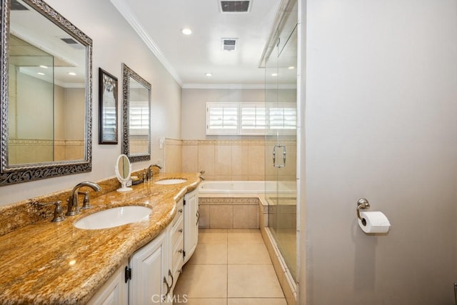 748 S Walnut Ave, San Dimas, CA 91773 - full bathroom with a garden tub, double vanity, tile patterned flooring, a shower stall, and crown molding