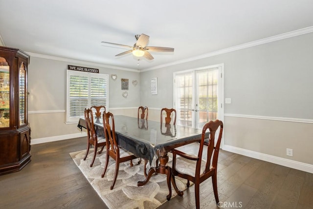 748 S Walnut Ave, San Dimas, CA 91773 - dining area featuring dark wood-style floors, french doors, a ceiling fan, and ornamental molding