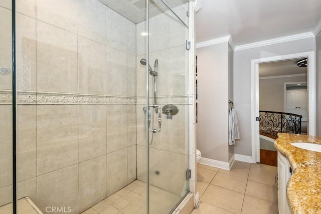 748 S Walnut Ave, San Dimas, CA 91773 - full bath with a stall shower, vanity, ornamental molding, and tile patterned floors