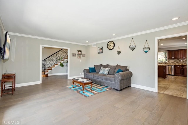 748 S Walnut Ave, San Dimas, CA 91773 - living room featuring stairway, light wood-type flooring, ornamental molding, and recessed lighting