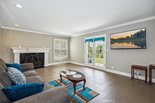 748 S Walnut Ave, San Dimas, CA 91773 - living area featuring wood finished floors, ornamental molding, french doors, a fireplace, and recessed lighting
