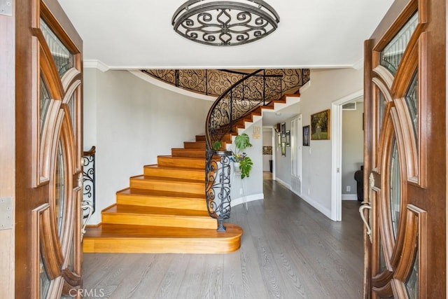 748 S Walnut Ave, San Dimas, CA 91773 - entrance foyer with ornamental molding, wood-type flooring, and stairway