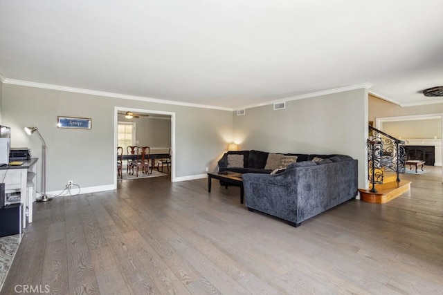 748 S Walnut Ave, San Dimas, CA 91773 - living room featuring crown molding, wood finished floors, and a ceiling fan