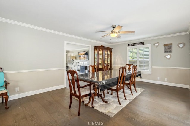 748 S Walnut Ave, San Dimas, CA 91773 - dining area featuring wood finished floors, a ceiling fan, and crown molding