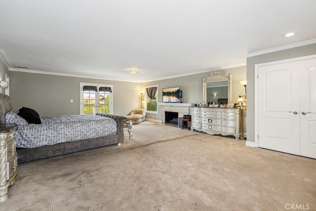 748 S Walnut Ave, San Dimas, CA 91773 - carpeted bedroom featuring crown molding and a fireplace with flush hearth