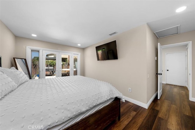 4773 Adler, Oceanside, CA 92057 - bedroom featuring access to exterior, dark wood-style floors, attic access, recessed lighting, and french doors