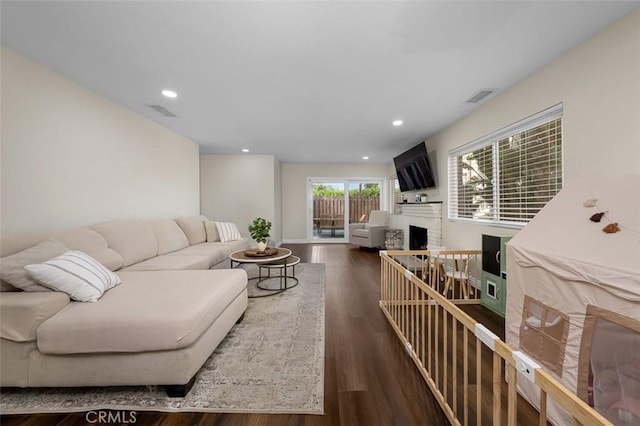 4773 Adler, Oceanside, CA 92057 - living room featuring wood finished floors, recessed lighting, and a fireplace