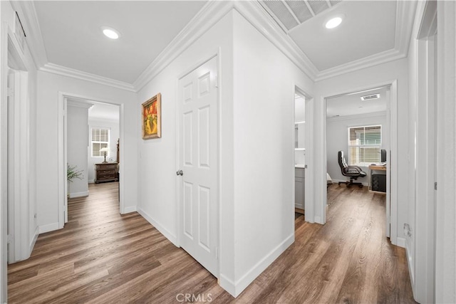9804 Ardisia St, Riverside, CA 92503 - corridor featuring an office area, wood finished floors, ornamental molding, and recessed lighting