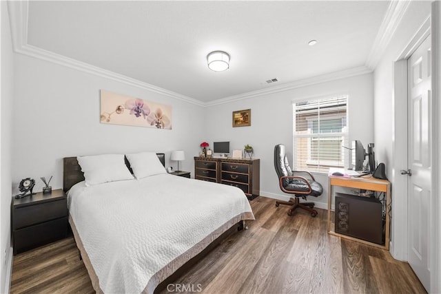 9804 Ardisia St, Riverside, CA 92503 - bedroom featuring ornamental molding, wood finished floors, and an office area