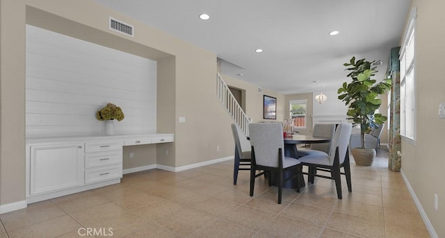 32420 Apricot Tree Rd, Winchester, CA 92596 - dining room featuring built in study area, recessed lighting, light tile patterned floors, and stairway