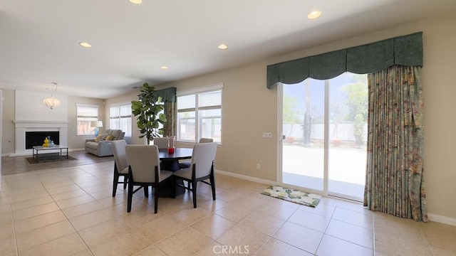 32420 Apricot Tree Rd, Winchester, CA 92596 - dining room with recessed lighting, a fireplace, light tile patterned flooring, and a chandelier