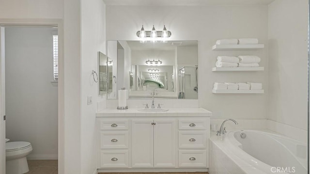 32420 Apricot Tree Rd, Winchester, CA 92596 - full bathroom featuring a bath, vanity, a shower stall, and tile patterned flooring