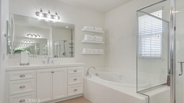 32420 Apricot Tree Rd, Winchester, CA 92596 - bathroom with a bath, a shower stall, vanity, and tile patterned flooring