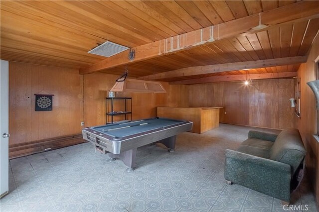1725 Turnbull Canyon Rd, Hacienda Heights, CA 91745 - game room featuring a wooden ceiling with exposed beams, wooden walls, billiards, and tile patterned floors
