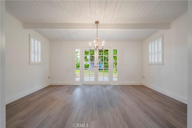 1725 Turnbull Canyon Rd, Hacienda Heights, CA 91745 - unfurnished room with plenty of natural light, wood finished floors, french doors, a chandelier, and a wooden ceiling with exposed beams