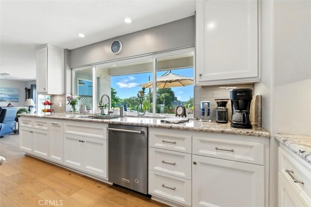 3526 Alder Pl, Chino Hills, CA 91709 - kitchen with dishwasher, tasteful backsplash, light wood finished floors, white cabinetry, and light stone countertops
