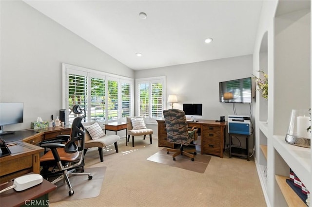 3526 Alder Pl, Chino Hills, CA 91709 - home office with carpet floors, vaulted ceiling, and recessed lighting