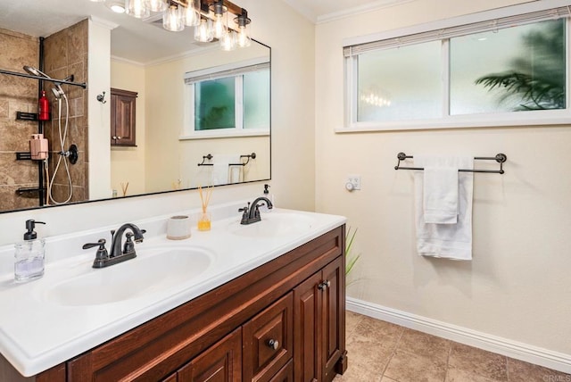 10518 Moon View Way, Escondido, CA 92026 - bathroom with ornamental molding, double vanity, a chandelier, tiled shower, and tile patterned flooring