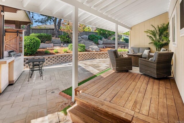 10518 Moon View Way, Escondido, CA 92026 - wooden deck featuring a fenced backyard, a patio area, and an outdoor living space