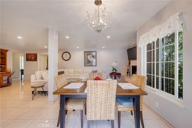 9909 Merced River Ave, Fountain Valley, CA 92708 - dining space featuring light tile patterned flooring, recessed lighting, and a chandelier