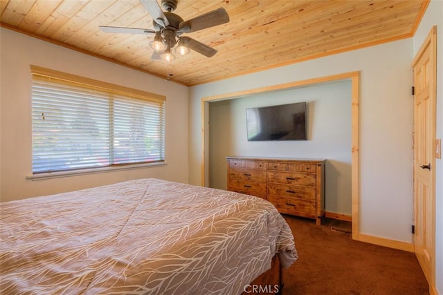 246 E Shasta St, Orland, CA 95963 - carpeted bedroom featuring wood ceiling, ornamental molding, and a ceiling fan